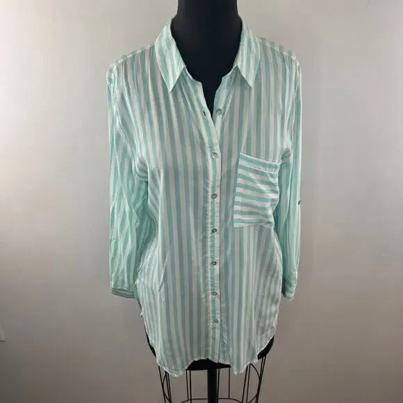 Grand & Green Green White Top Rayon Striped Pleated Button-Up Size Medium M - Picture 3 of 9